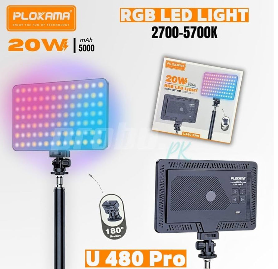 Plokama U480 PRO Portable RGB Photography LED Light with Rechargeable Light Panel for Photography Video with 180° Tilt Angle Adjustment and Type-C Charging.