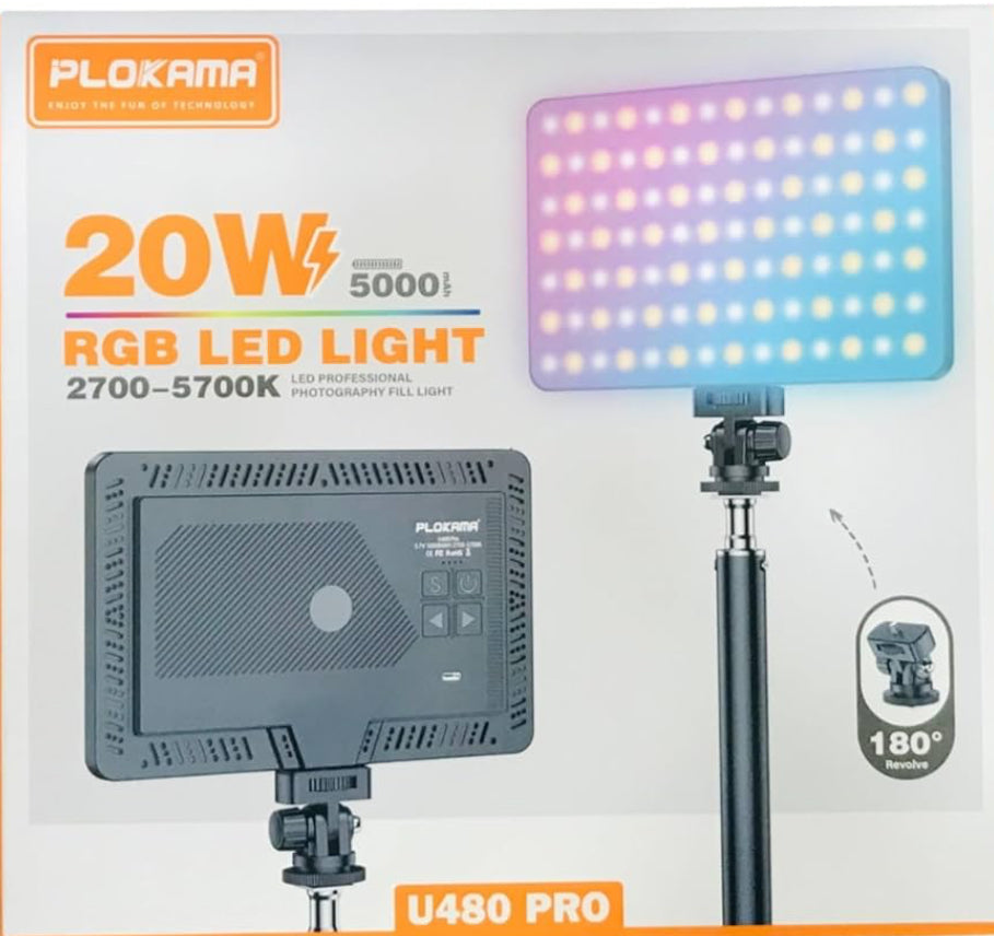 Plokama U480 PRO Portable RGB Photography LED Light with Rechargeable Light Panel for Photography Video with 180° Tilt Angle Adjustment and Type-C Charging.