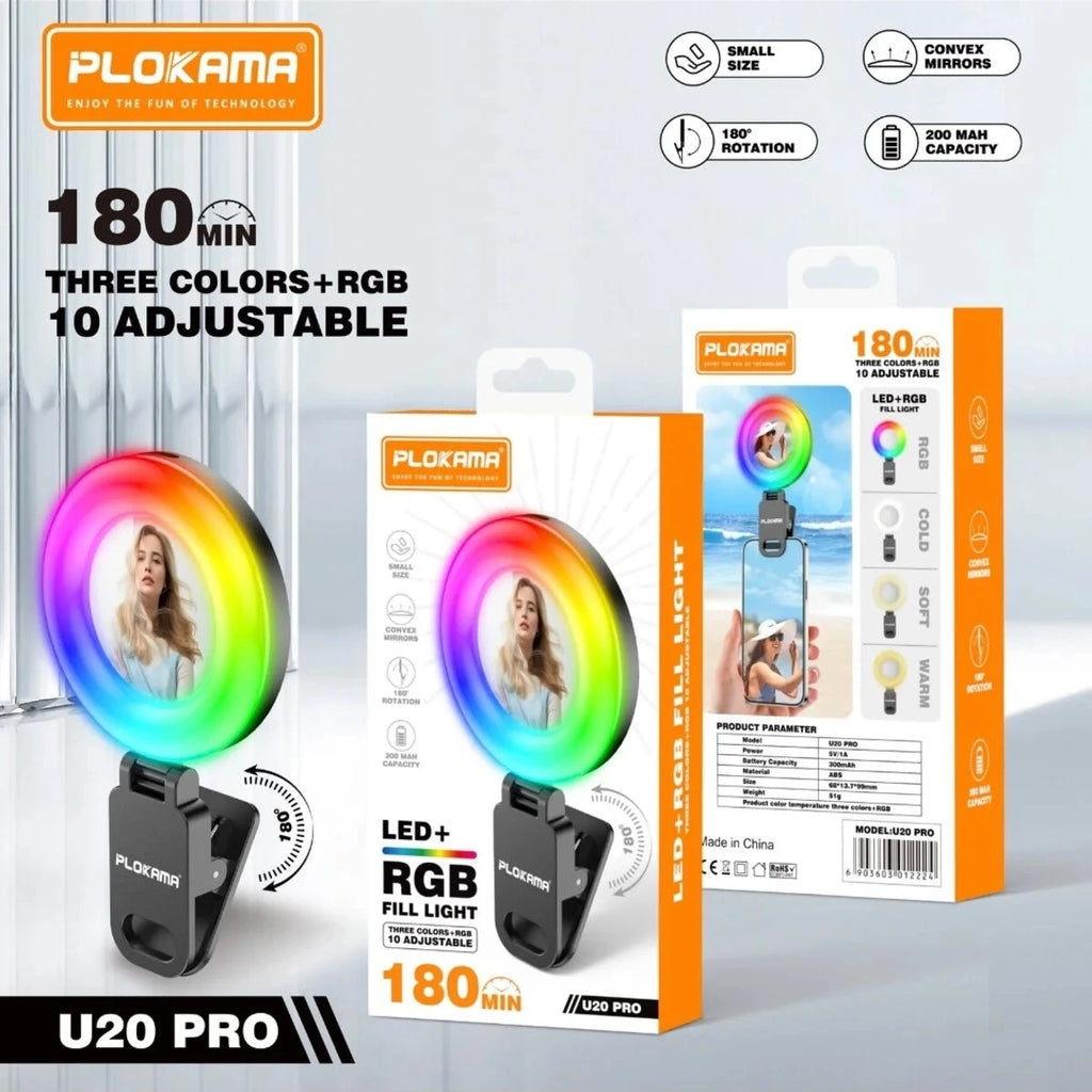 Plokama U20 PRO RGB 10 Colours Phone Clip With Mirror LED Selfie Ring Light