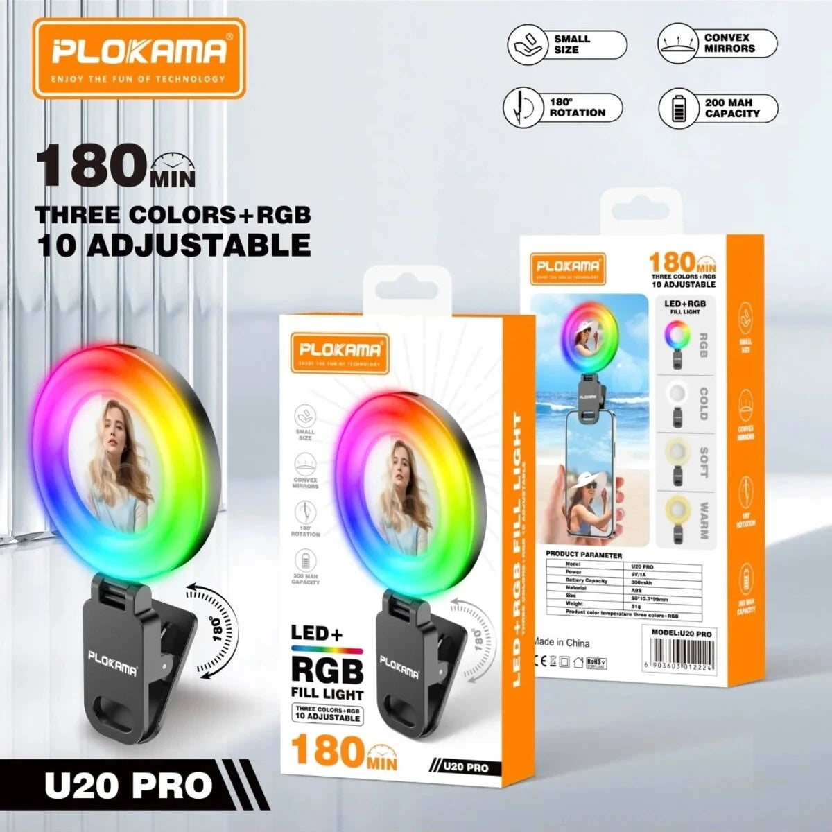 Plokama U20 PRO RGB 10 Colours Phone Clip With Mirror LED Selfie Ring Light